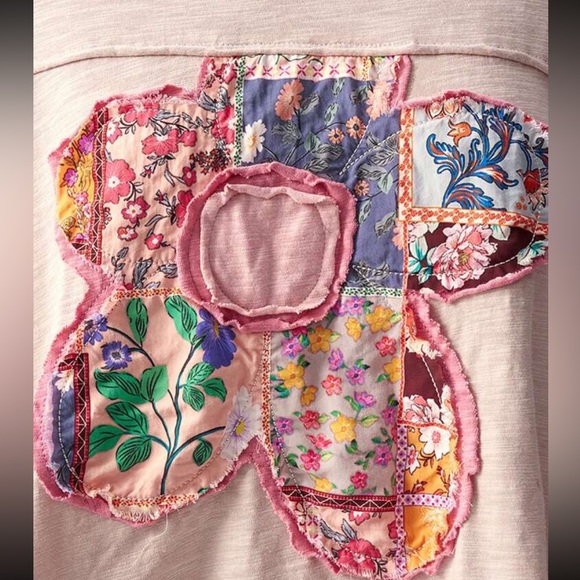 Floral patchwork top tee long sleeve light blush rose pink distressed wide NWT - Picture 4 of 5